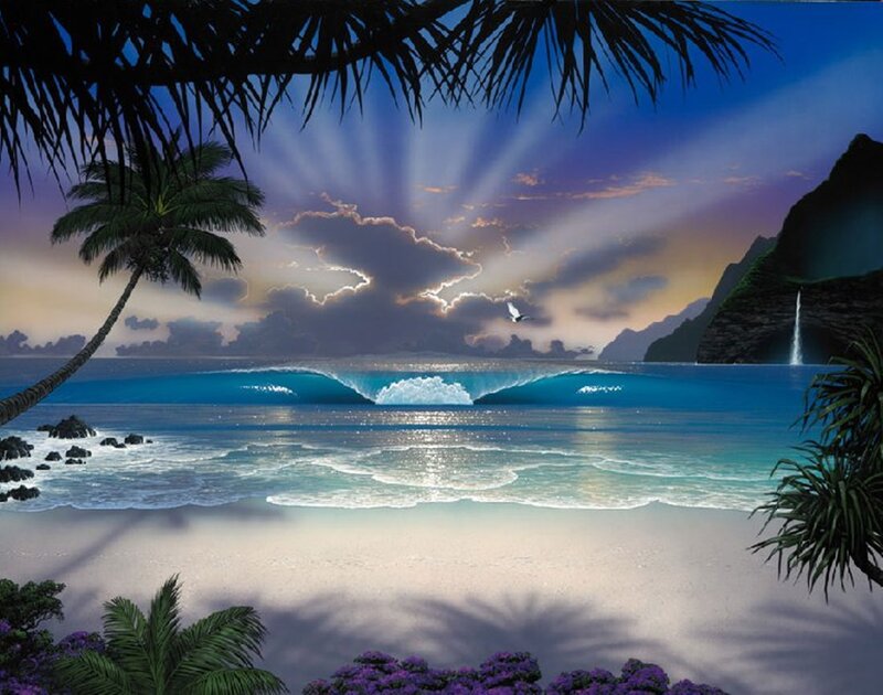 Tropical Beach at Sunset — Blue, Serene, Digital Art