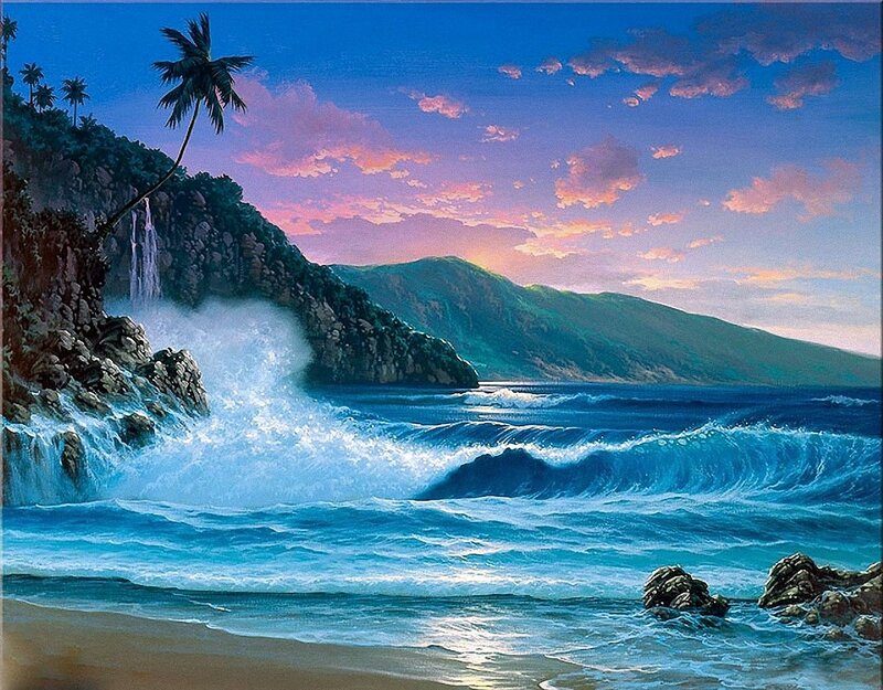 Tropical Beach at Sunset — Blue, Serene, Painting, Palm Tree