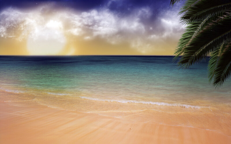 Tropical Beach at Sunset — Blue, Serene, Photograph, Palm Tree, Ocean, Sand, Clouds, Yellow