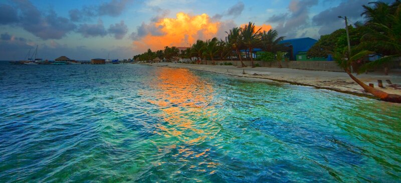 Tropical Beach at Sunset — Blue, Serene, Photograph, Palm Trees, Boats