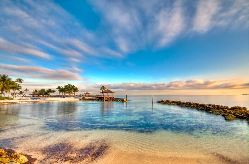 Tropical Beach at Sunset — Blue, Serene, Photograph, Palm Trees, Gazebo