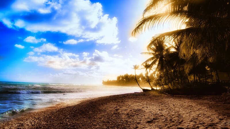 Tropical Beach at Sunset — Blue, Serene, Photograph, Palm Trees, Ocean, Sand, Clouds