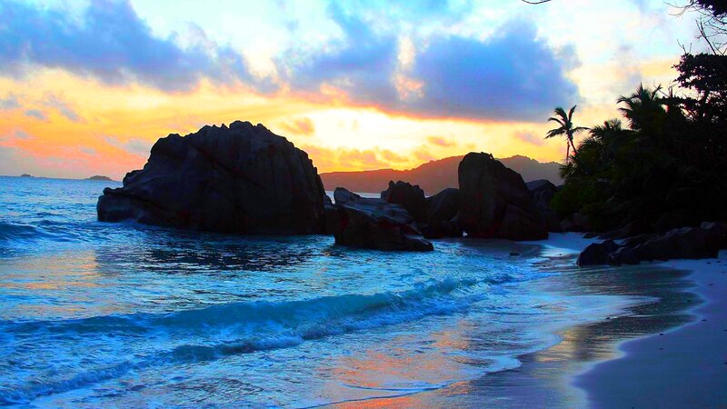 Tropical Beach at Sunset — Blue, Serene, Photograph, Rocks