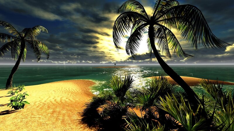 Tropical Beach at Sunset — Green, Dramatic