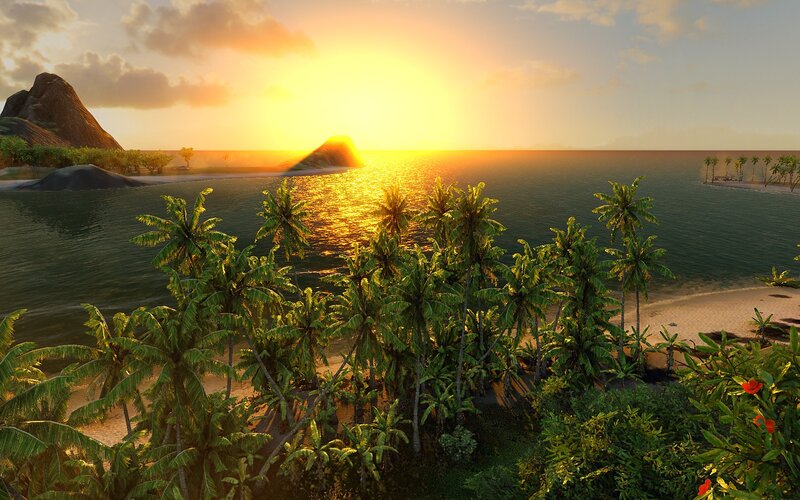 Tropical Beach at Sunset — Green, Serene, 3d Render