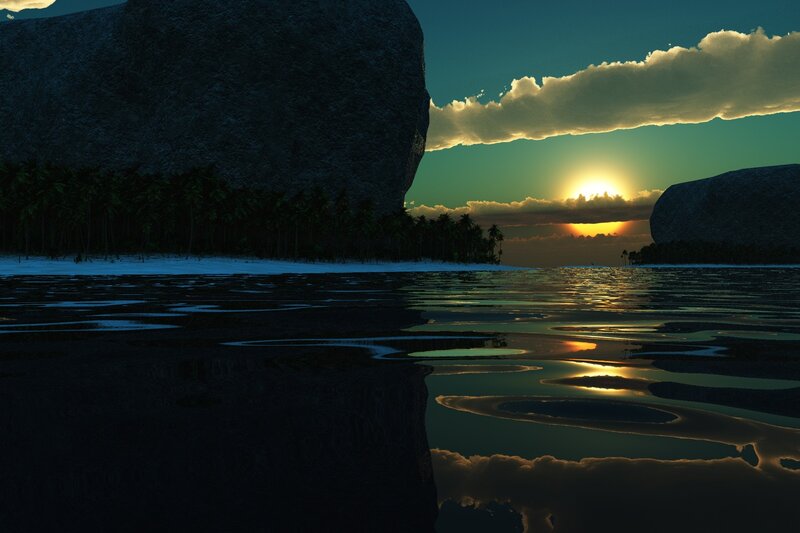 Tropical Beach at Sunset — Green, Serene, Digital Art