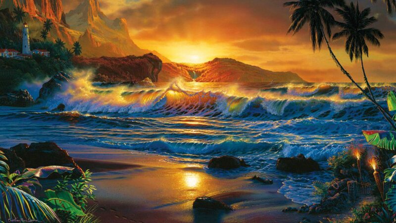 Tropical Beach at Sunset — Orange, Dramatic, Digital Art, Lighthouse