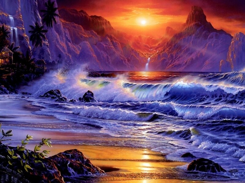 Tropical Beach at Sunset — Orange, Dramatic, Digital Art, Mountains, Waves