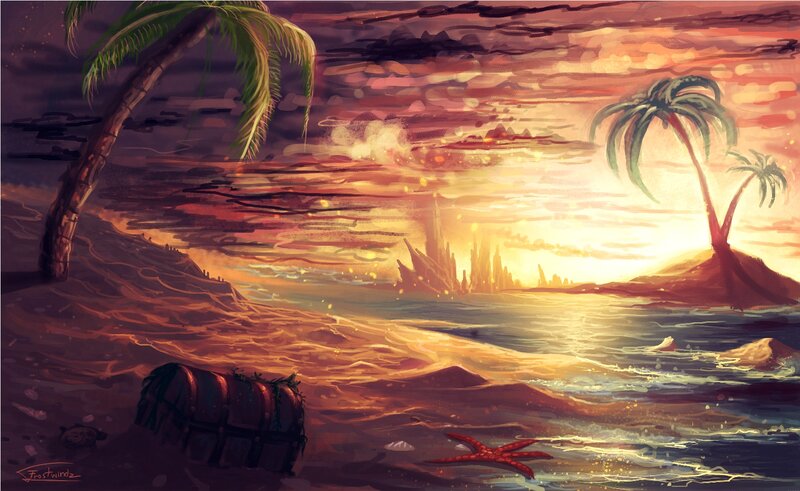Tropical Beach at Sunset — Orange, Dramatic, Digital Art, Palm Tree