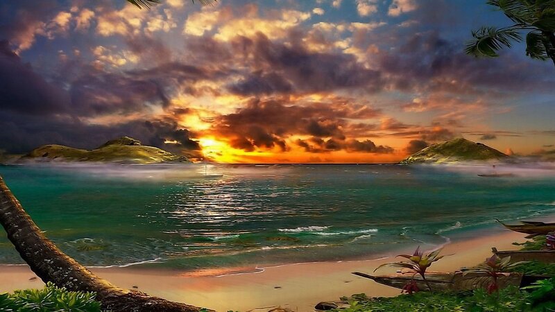 Tropical Beach at Sunset — Orange, Dramatic, Digital Art, Palm Trees