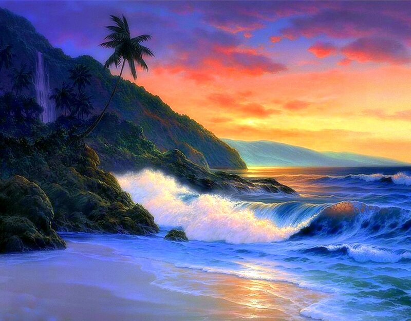 Tropical Beach at Sunset — Orange, Dramatic, Painting
