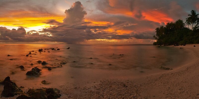 Tropical Beach at Sunset — Orange, Dramatic, Photograph
