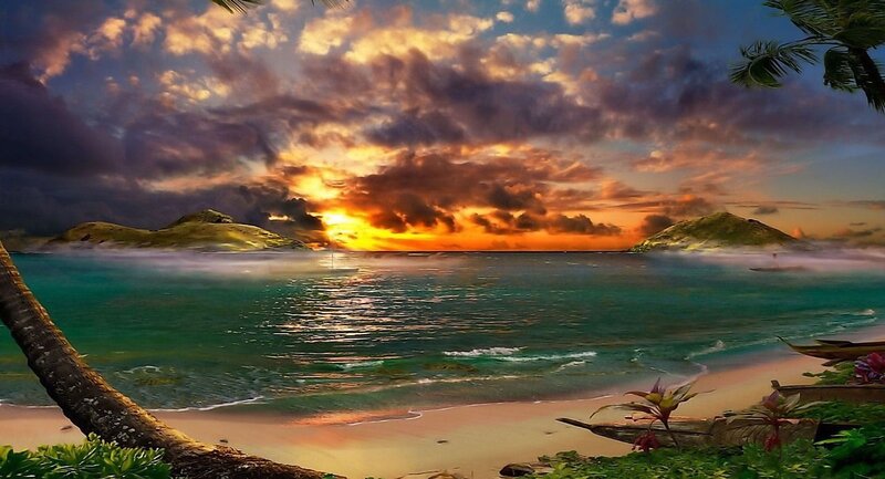 Tropical Beach at Sunset — Orange, Dramatic