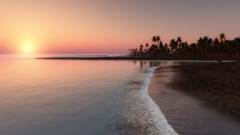 Tropical Beach at Sunset — Orange, Serene, 3d Render, Palm Trees, Ocean