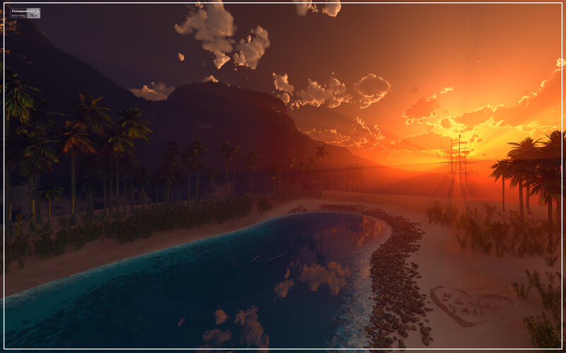 Tropical Beach at Sunset — Orange, Serene, 3d Render, Palm Trees