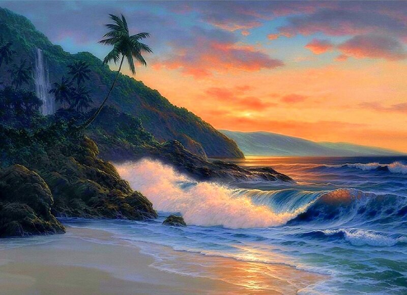 Tropical Beach at Sunset — Orange, Serene, Painting, Palm Tree