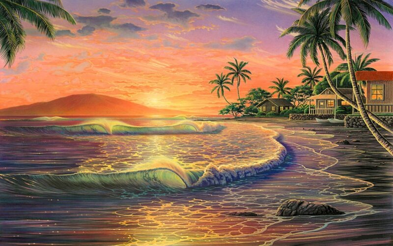 Tropical Beach at Sunset — Orange, Serene, Painting