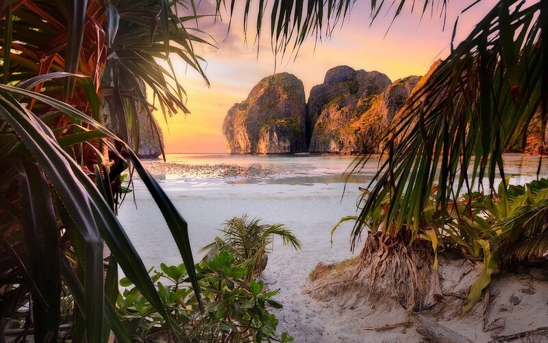 Tropical Beach at Sunset — Orange, Serene, Photograph, Palm Trees, Rock Formations