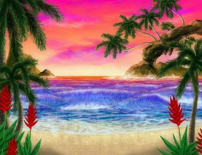 Tropical Beach at Sunset — Pink, Serene, Digital Art