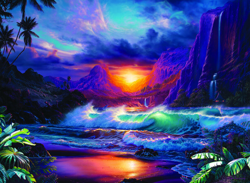 Tropical Beach at Sunset — Purple, Dramatic, Digital Art, Mountains