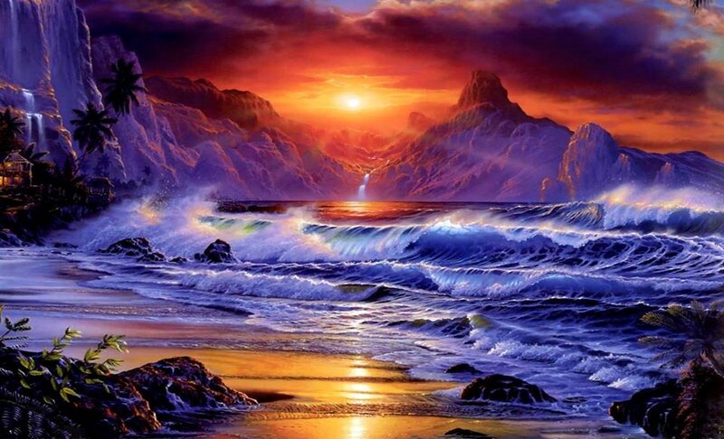 Tropical Beach at Sunset — Purple, Dramatic, Digital Art, Mountains, Waves
