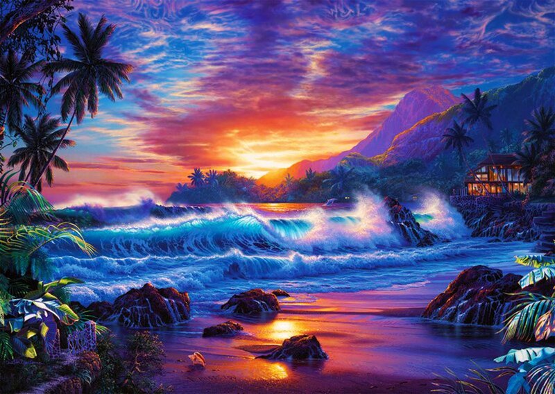 Tropical Beach at Sunset — Purple, Dramatic, Digital Art