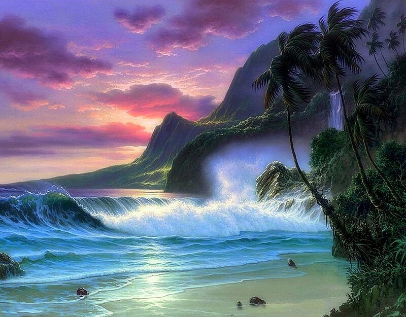 Tropical Beach at Sunset — Purple, Dramatic, Painting