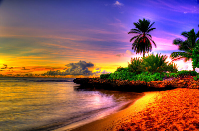 Tropical Beach at Sunset — Purple, Dramatic, Photograph