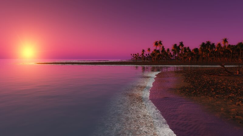 Tropical Beach at Sunset — Purple, Serene, 3d Render