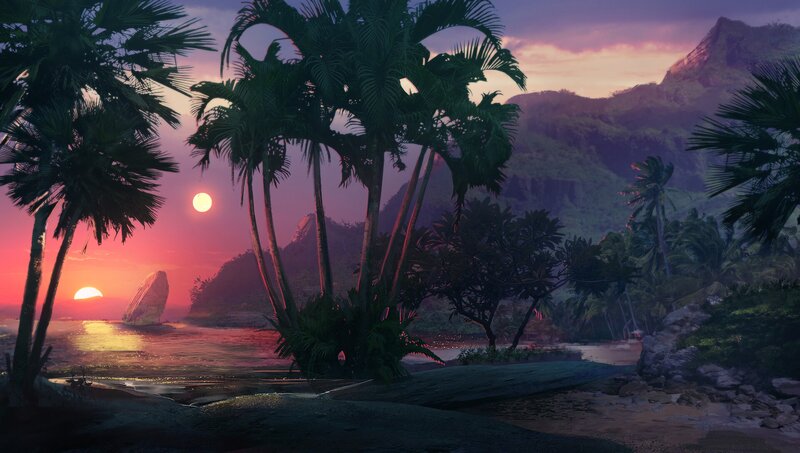 Tropical Beach at Sunset — Purple, Serene, Digital Art, Palm Trees, Mountains