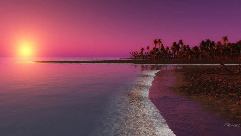 Tropical Beach at Sunset — Purple, Serene, Digital Art