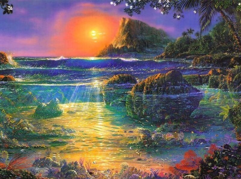 Tropical Beach at Sunset — Purple
