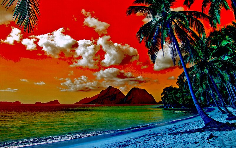 Tropical Beach at Sunset — Red