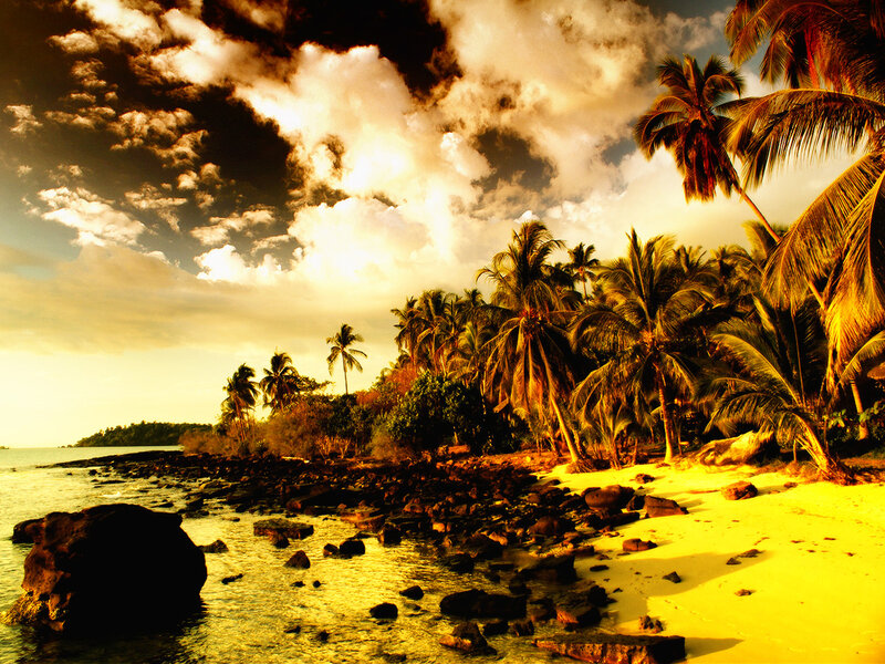 Tropical Beach at Sunset — Yellow, Dramatic, Photograph