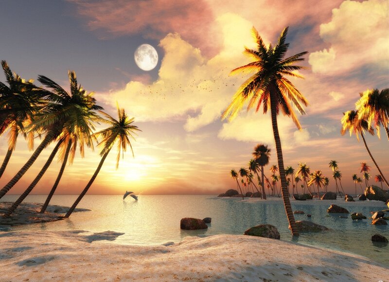 Tropical Beach at Sunset — Yellow, Serene, Digital Art