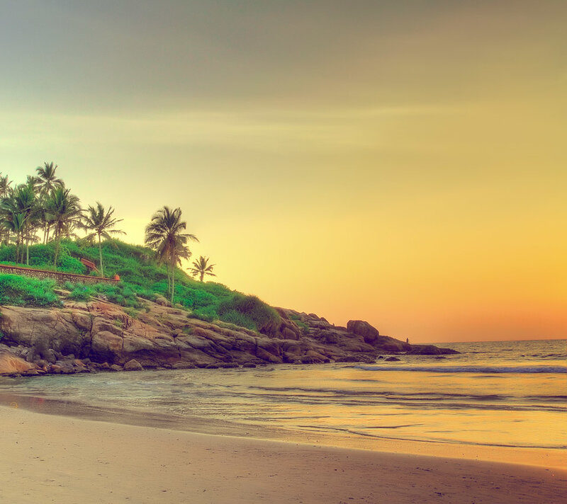 Tropical Beach at Sunset — Yellow, Serene, Photograph