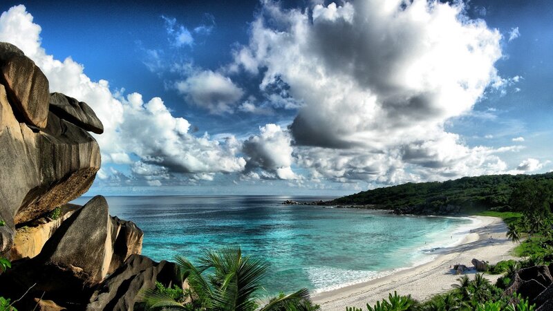 Tropical Beach Cove — Blue, Dramatic, Afternoon, Photograph, Rocks, Palm Trees, Ocean
