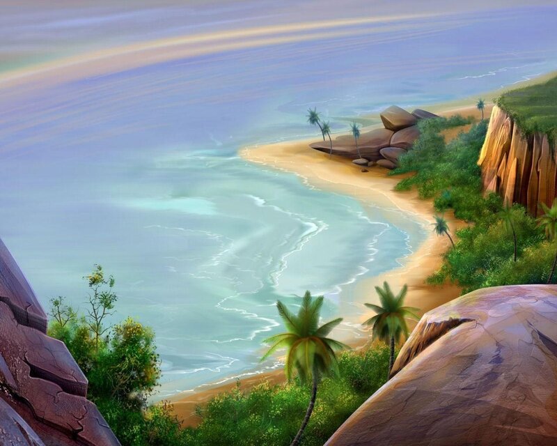 Tropical Beach Cove — Blue, Serene, Afternoon, Digital Art, Palm Trees, Rocks