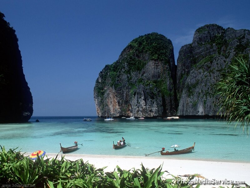 Tropical Beach Cove — Blue, Serene, Afternoon, Photograph, Boats, Cliffs
