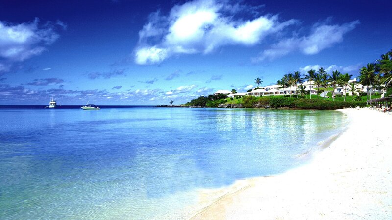 Tropical Beach Cove — Blue, Serene, Afternoon, Photograph, Boats