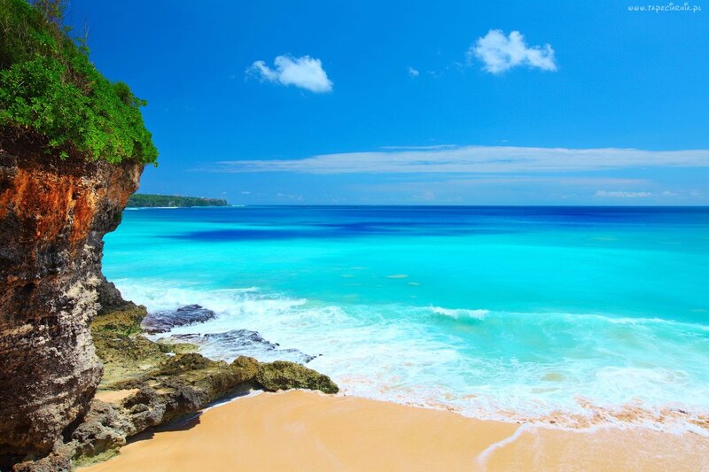 Tropical Beach Cove — Blue, Serene, Afternoon, Photograph, Cliff