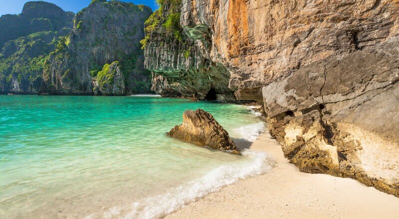 Tropical Beach Cove — Blue, Serene, Afternoon, Photograph, Cliffs, Sea, Sand