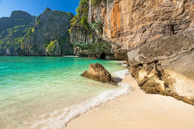 Tropical Beach Cove — Blue, Serene, Afternoon, Photograph, Cliffs, Sea