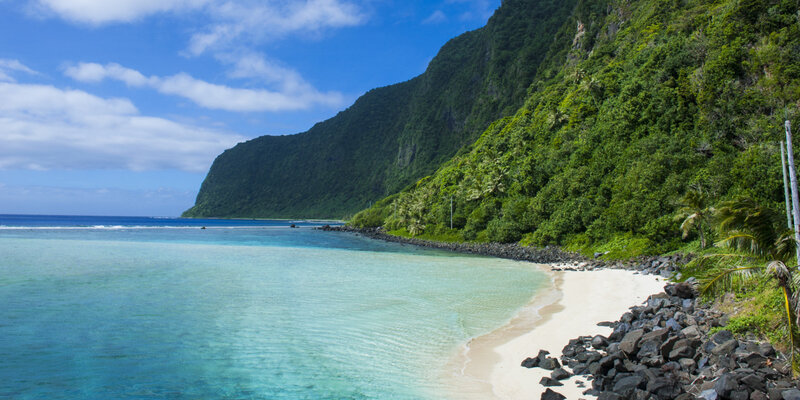 Tropical Beach Cove — Blue, Serene, Afternoon, Photograph, Mountain, Ocean, Palm Trees