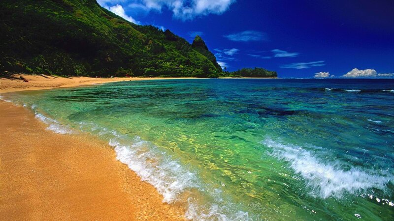 Tropical Beach Cove — Blue, Serene, Afternoon, Photograph, Mountain, Ocean, Sand, Green