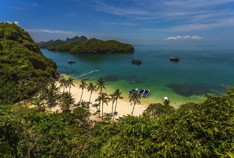 Tropical Beach Cove — Blue, Serene, Afternoon, Photograph, Palm Trees, Boats, Islands