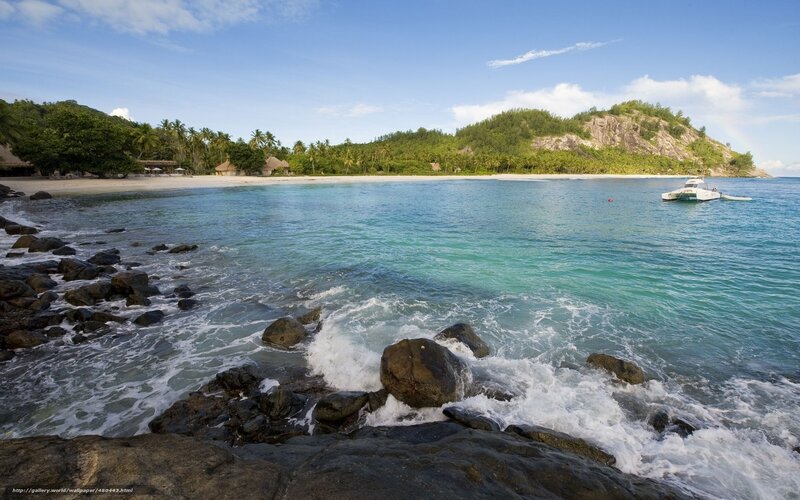 Tropical Beach Cove — Blue, Serene, Afternoon, Photograph, Rocks, Boat