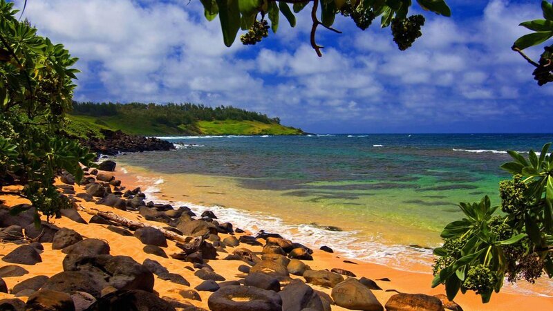 Tropical Beach Cove — Blue, Serene, Afternoon, Photograph, Rocks, Ocean