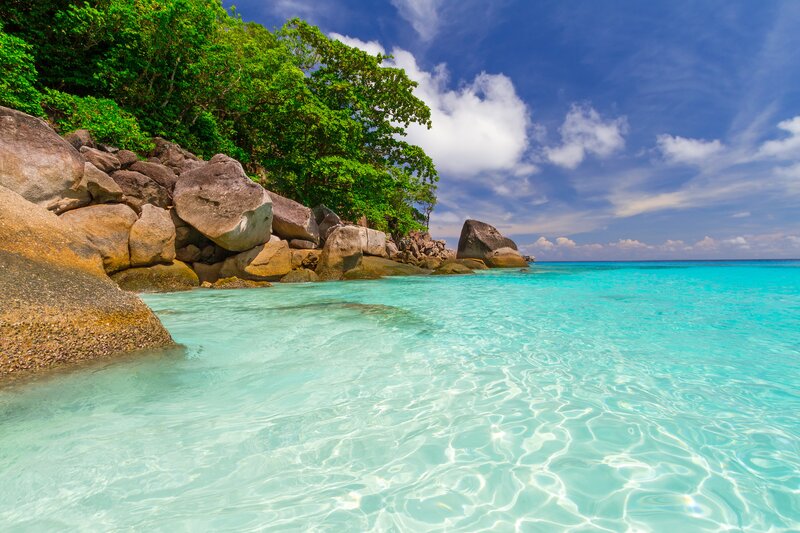 Tropical Beach Cove — Blue, Serene, Afternoon, Photograph, Rocks, Trees, Ocean