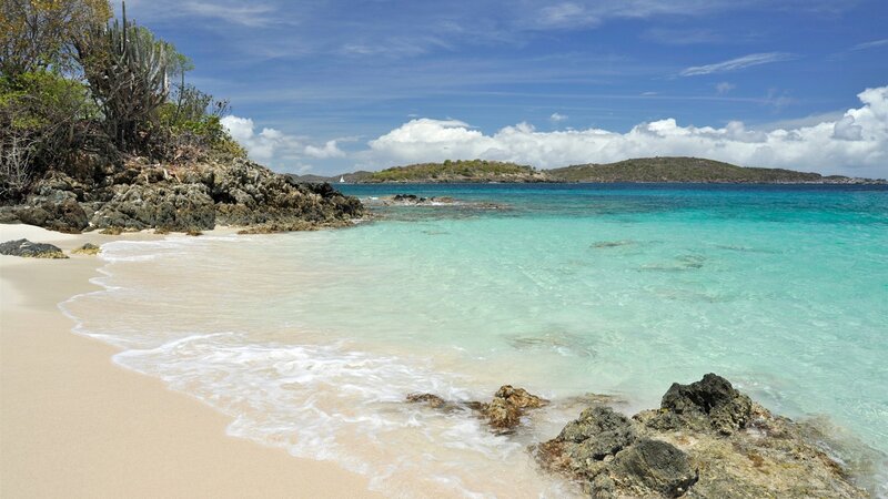 Tropical Beach Cove — Blue, Serene, Afternoon, Photograph, Sand, Rocks, Ocean, Green